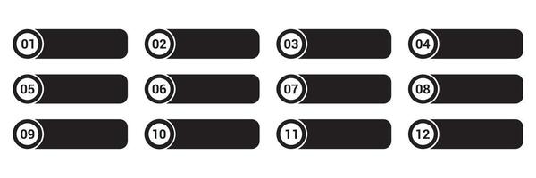 Set of Modern bullet points number 1 to 12, Bullet points with with black stickers and cope space text boxes. Web element. illustration. vector
