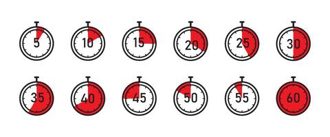 Countdown Timer Symbol Set, stopwatch icons set with different time. Timer, clock, Label cooking time.. Sport, cooking, test, exam, competition, measurement stopwatch illustration. vector