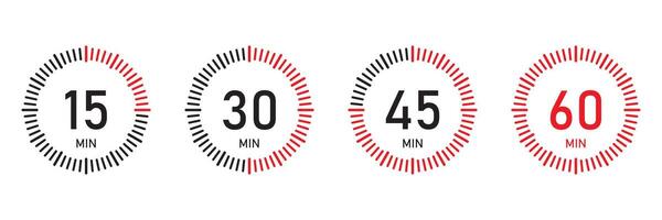 The 15, h icon in black and red flat style, 15, 30, 45,60 m30 and 45 or 60 minutes, stopwatch icon. Stopwatcinutes timer clock, stopwatch isolated set icons. vector