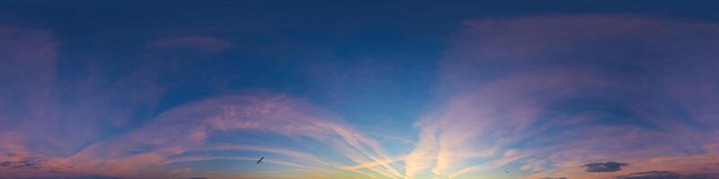 Dark blue sunset sky panorama with pink Cirrus clouds. Seamless hdr 360 panorama in spherical equirectangular format. Full zenith for 3D visualization, sky replacement for aerial drone panoramas. photo