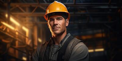 Construction worker portrait face happy but tired. Hndsome guy man looking in the camera at construction building background scene photo
