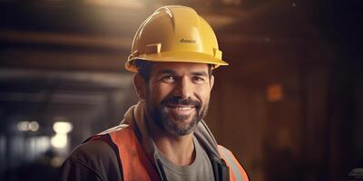 Construction worker portrait face happy but tired. Hndsome guy man looking in the camera at construction building background scene photo