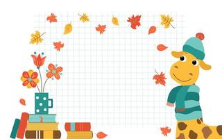 School notebook sheet, Checkered geometric background. Cartoon giraffe, stack of books, mug with flowers. Autumn leaves. Holiday, Day of Knowledge. Learning Concepts. vector