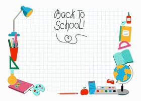 Frame Stationery, accessories for study, school. Hand lettering Back to school. Checkered geometric background. Sheet of school notebook. Place for text, information banner. vector