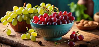 Grapes in bowl on rustic wooden table photo
