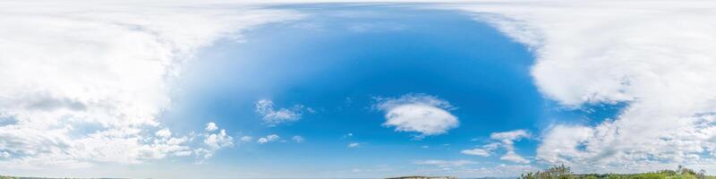 Seamless panorama of sky with light clouds in spherical equirectangular format with complete zenith for use in 3D graphics, game and for composites in aerial drone 360 degree panoramas as a sky dome. photo