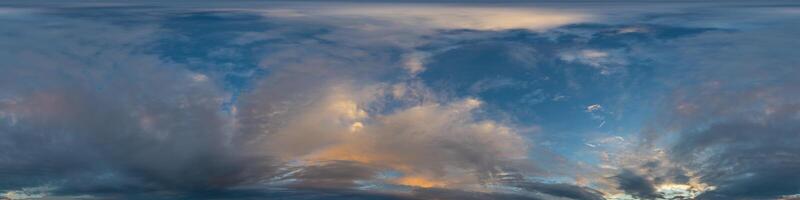Dark blue sunset sky panorama with golden Cumulus clouds. Seamless hdr 360 panorama in spherical equirectangular format. Full zenith for 3D visualization, sky replacement for aerial drone panoramas. photo