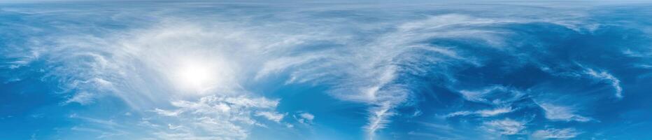 Blue sky with Cirrus clouds Seamless panorama in spherical equirectangular format. Complete zenith for use in 3D graphics, game and for composites in aerial drone 360 degree panoramas as a sky dome photo