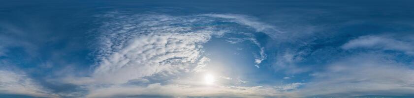 Sky panorama with Altocumulus clouds in seamless spherical equirectangular format. Complete zenith for use in 3D graphics, game and composites in aerial drone 360 degree panoramas as sky dome photo
