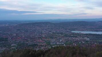Zurich Skyline and Zurich Lake from Uetliberg Mountain on Cloudy Day. Switzerland. Aerial View. Drone Moves Sideways video