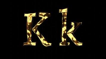 Upper and lower case k alphabet with golden fluid texture, latin script with bright yellow lava style, english letter with dented and horror look video