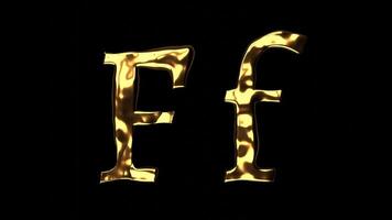 Upper and lower case f alphabet with golden fluid texture, latin script with bright yellow lava style, english letter with dented and horror look video
