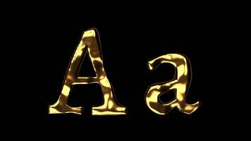 Upper and lower case a alphabet with golden fluid texture, latin script with bright yellow lava style, english letter with dented and horror look video