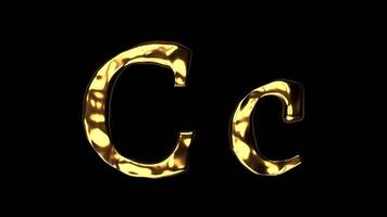 Upper and lower case c alphabet with golden fluid texture, latin script with bright yellow lava style, english letter with dented and horror look video