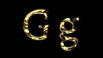 Upper and lower case g alphabet with golden fluid texture, latin script with bright yellow lava style, english letter with dented and horror look video