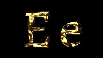 Upper and lower case e alphabet with golden fluid texture, latin script with bright yellow lava style, english letter with dented and horror look video