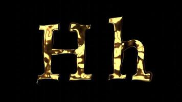 Upper and lower case h alphabet with golden fluid texture, latin script with bright yellow lava style, english letter with dented and horror look video