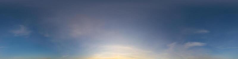 Dark blue sunset sky panorama with Cirrus clouds. Seamless hdr pano in spherical equirectangular format. Complete zenith for 3D visualization, game and sky replacement for aerial drone 360 panoramas. photo