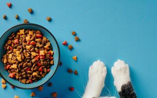 Cat Paws Reaching for a Bowl of Dry Cat Food on a Bright Blue Surface photo