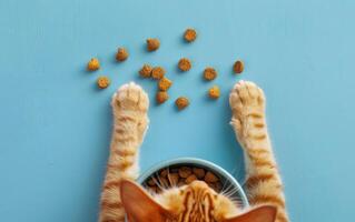 Orange Cat Paws Reaching for a Bowl of Dry Cat Food on a Bright Blue Surface photo