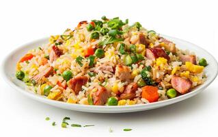 A plate of fried rice made from yesterday's leftovers, colorful vegetables, and diced chicken included, a clean white background photo