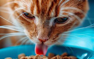 Orange Tabby Cat Enjoying Dry Cat Food From a Blue Bowl in a Close-Up View photo