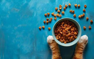 Orange Cat Paws Reaching for a Bowl of Dry Cat Food on a Bright Blue Surface photo