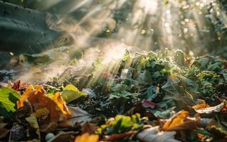 Steaming Pile of Organic Food Scraps in Compost Bin at Sunset photo