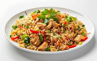 A plate of fried rice made from yesterday's leftovers, colorful vegetables, and diced chicken included, a clean white background photo