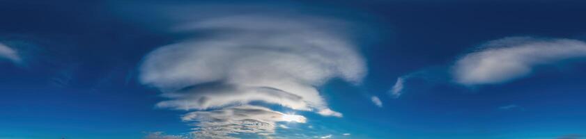 Blue sky with Cirrus clouds Seamless panorama in spherical equirectangular format. Complete zenith for use in 3D graphics, game and for composites in aerial drone 360 degree panoramas as a sky dome photo