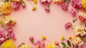 Flowers frame with copy space. Summer or spring floral theme greeting card. Postcard mockup with space for text photo
