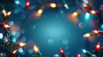 Christmas frame banner with sparkling light garland and copy space for text on blue background photo
