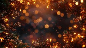 Christmas frame banner with sparkling lights, garland, fir tree twigs and copy space for text on bokeh background photo
