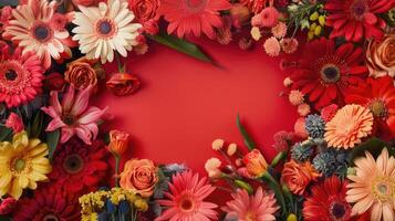 Flowers frame with copy space. Summer or spring floral theme greeting card. Postcard mockup with space for text photo