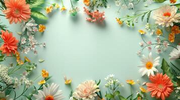 Flowers frame with copy space. Summer or spring floral theme greeting card. Postcard mockup with space for text photo