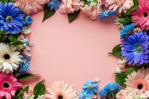 Flowers frame with copy space. Summer or spring floral theme greeting card. Postcard mockup with space for text photo