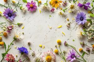 Flowers frame with copy space. Summer or spring floral theme greeting card. Postcard mockup with space for text photo