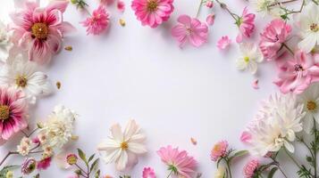 Flowers frame with copy space. Summer or spring floral theme greeting card. Postcard mockup with space for text photo