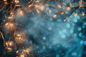 Christmas frame banner with sparkling light garland and copy space for text on blue background photo