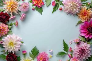 Flowers frame with copy space. Summer or spring floral theme greeting card. Postcard mockup with space for text photo