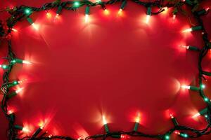 Christmas frame banner with sparkling light garland and copy space for text on red background photo
