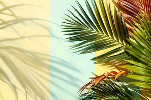Colorful palm tree leaves background with copy space for text. Floral pattern wallpaper with shadows from shining sun photo