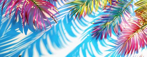 Colorful palm tree leaves background with copy space for text. Floral pattern wallpaper with shadows from shining sun photo