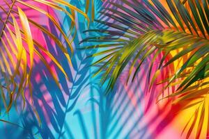 Colorful palm tree leaves background with copy space for text. Floral pattern wallpaper with shadows from shining sun photo