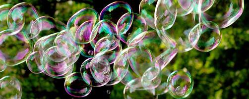 soap bubbles close-up on a background of sun and greenery, abstract background, positive mood, holiday, carelessness photo