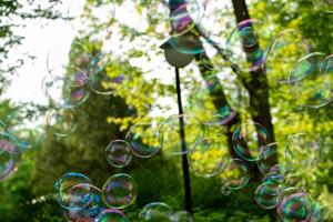 soap bubbles close-up on a background of sun and greenery, abstract background, positive mood, holiday, carelessness photo
