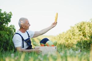 Man with wooden box of vegetables in field. Farming photo