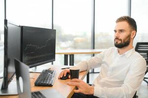Stressed business man crypto trader broker investor analyzing stock exchange market crypto trading decreasing chart data fall down loss, desperate about losing money of crisis, recession, inflation photo