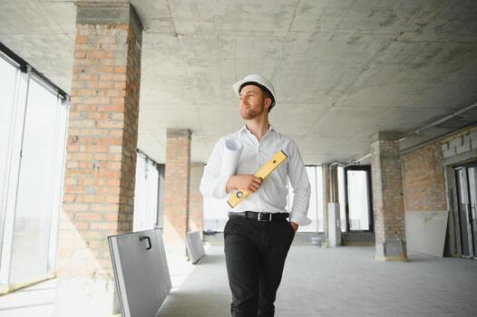 Close up engineers working on a building site holding a blueprints.Engineering and architecture concept photo