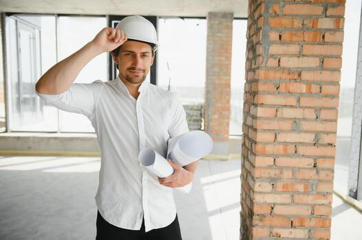Close up engineers working on a building site holding a blueprints.Engineering and architecture concept photo